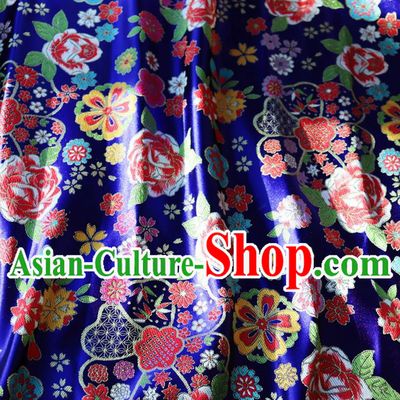 Japanese Traditional Rose Flowers Pattern Design Royalblue Brocade Fabric Nishijin Silk Traditional Asian Yamato Kimono Tapestry Satin Material