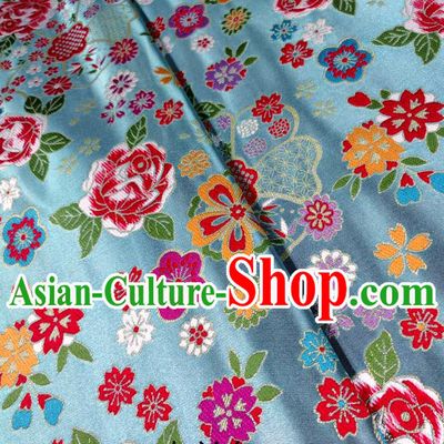 Japanese Traditional Rose Flowers Pattern Design Blue Brocade Fabric Nishijin Silk Traditional Asian Yamato Kimono Tapestry Satin Material
