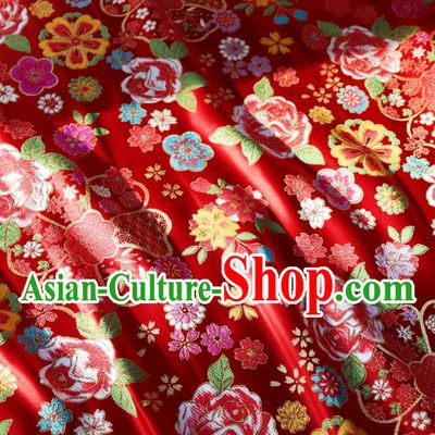 Japanese Traditional Rose Flowers Pattern Design Red Brocade Fabric Nishijin Silk Traditional Asian Yamato Kimono Tapestry Satin Material