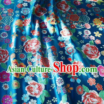 Japanese Traditional Rose Flowers Pattern Design Lake Blue Brocade Fabric Nishijin Silk Traditional Asian Yamato Kimono Tapestry Satin Material