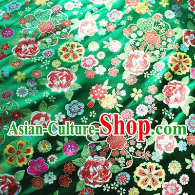 Japanese Traditional Rose Flowers Pattern Design Green Brocade Fabric Nishijin Silk Traditional Asian Yamato Kimono Tapestry Satin Material