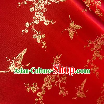 Asian Chinese Traditional Butterfly Plum Pattern Design Red Brocade Fabric Tapestry Cheongsam Silk Material