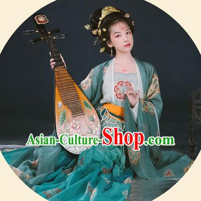 Chinese Ancient Tang Dynasty Hanfu Garment Imperial Concubine Embroidered Cloak Blouse Camisole and Green Skirt Costumes for Women