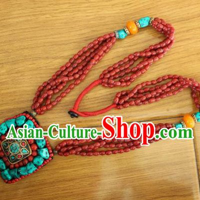 Chinese Traditional Tibetan Nationality Red Beads Jewelry Accessories Decoration Zang Ethnic Handmade Kallaite Necklace Pendant for Women