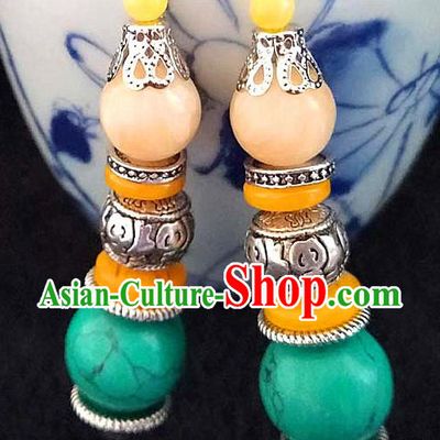 Chinese Traditional Zang Ethnic Blue Beads Beeswax Earrings Tibetan Nationality Ear Accessories Handmade Eardrop Decoration for Women