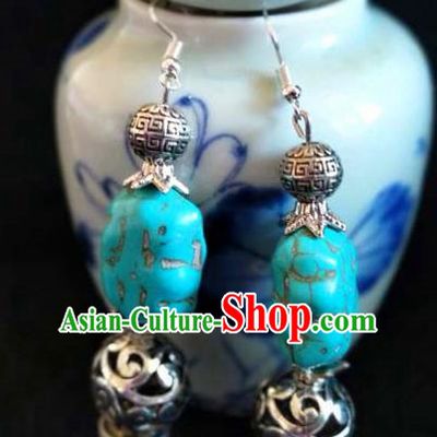 Chinese Traditional Zang Ethnic Silver Earrings Tibetan Nationality Ear Accessories Handmade Blue Stone Eardrop Decoration for Women