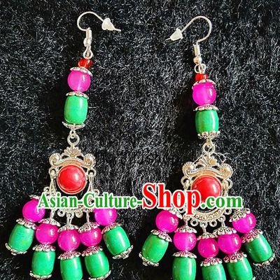 Chinese Traditional Zang Ethnic Green Beads Earrings Bohemian Ear Accessories Handmade Eardrop Decoration for Women