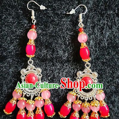 Chinese Traditional Zang Ethnic Red Beads Earrings Bohemian Ear Accessories Handmade Eardrop Decoration for Women