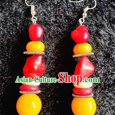 Chinese Traditional Zang Ethnic Earrings Bohemian Ear Accessories Handmade Red Stone Eardrop Decoration for Women