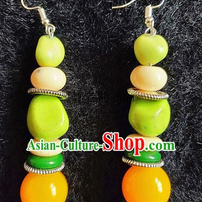 Chinese Traditional Zang Ethnic Earrings Bohemian Ear Accessories Handmade Green Stone Eardrop Decoration for Women