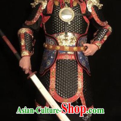 Traditional Chinese Han Dynasty General Black Leather Body Armor Ancient Warrior Military Officer Costumes and Helmet for Men