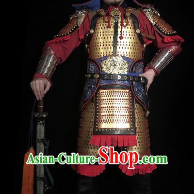 Traditional Chinese Song Dynasty General Golden Body Armor Ancient Cavalry Warrior Iron Costumes and Helmet Full Set