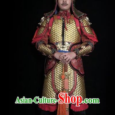 Traditional Chinese Tang Dynasty Military Officer Golden Body Armor Ancient Cavalry Warrior General Iron Costumes and Helmet Full Set