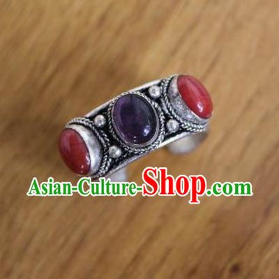 Chinese Traditional Tibetan Nationality Purple Crystal Ring Accessories Handmade Decoration Zang Ethnic Folk Dance Silver Finger Circlet for Women