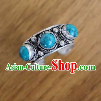 Chinese Traditional Tibetan Nationality Blue Stone Ring Accessories Handmade Decoration Zang Ethnic Folk Dance Silver Finger Circlet for Women
