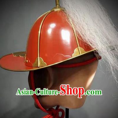 Traditional Chinese Ming Dynasty General Armor Hat Headpiece Ancient Warrior Red Lacquer Iron Helmet for Men
