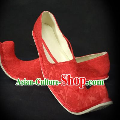 Traditional Chinese Han Dynasty Princess Red Satin Shoes Ancient Court Woman Brocade Hanfu Shoes Cloth Shoes