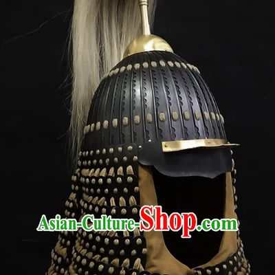 Traditional Chinese Yuan Dynasty General Black Leather Armor Hat Headpiece Ancient Soldier Warrior Armet Iron Helmet for Men