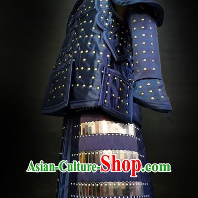 Traditional Chinese Qing Dynasty Emperor Qianlong Blue Satin Body Armor Outfits Ancient General Iron Costumes and Helmet Full Set