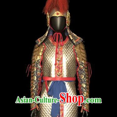 Traditional Chinese Ming Dynasty Imperial Bodyguard Golden Body Armor Outfits Ancient Film General Iron Costumes and Helmet Full Set