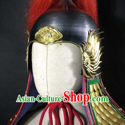 Traditional Chinese Ming Dynasty General Armor Hat Headpiece Ancient Soldier Warrior Armet Iron Phoenix Wings Helmet for Men