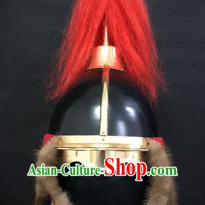 Traditional Chinese Ming Dynasty General Fur Armor Hat Headpiece Ancient Soldier Warrior Armet Iron Helmet for Men
