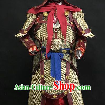 Traditional Chinese Ming Dynasty Military Officer Body Armor Outfits Ancient Film General Copper Costumes and Helmet Full Set