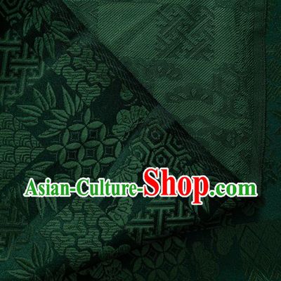 Japanese Traditional Bamboo Leaf Coppor Pattern Design Dark Green Brocade Fabric Silk Material Traditional Asian Japan Kimono Dress Satin Tapestry