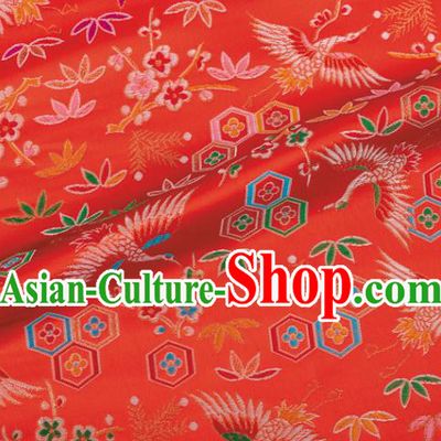 Japanese Traditional Crane Plum Pattern Design Red Brocade Nishijin Fabric Silk Material Traditional Asian Japan Kimono Tapestry Satin