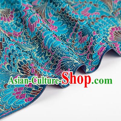 Chinese Classical Phoenix Tail Pattern Design Lake Blue Brocade Silk Fabric Tapestry Material Asian Traditional DIY Tang Suit Satin Damask