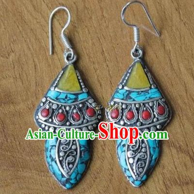 Chinese Traditional Tibetan Nationality Blue Ear Accessories Handmade Eardrop Decoration Zang Ethnic Folk Dance Retro Silver Earrings for Women