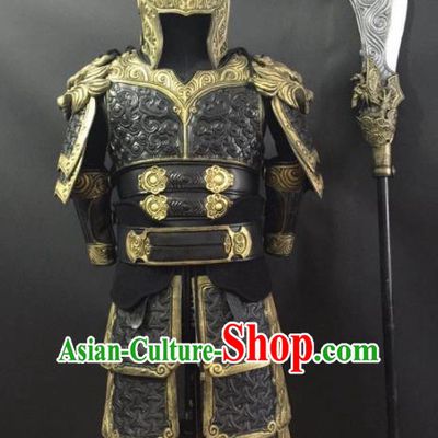 Traditional Chinese Han Dynasty General Body Armor Outfits Ancient Film Warrior Armour Soldier Costumes and Headwear Full Set