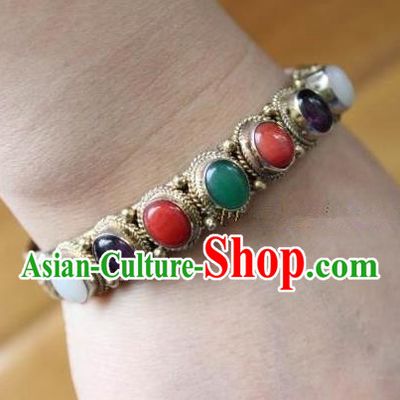 Chinese Traditional Tibetan Nationality Silver Bracelet Jewelry Accessories Decoration Handmade Zang Ethnic Colorful Gems Bangle for Women