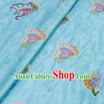 Asian Chinese Traditional Butterfly Pattern Design Light Blue Brocade Silk Fabric Tang Suit Tapestry Wedding Dress Material