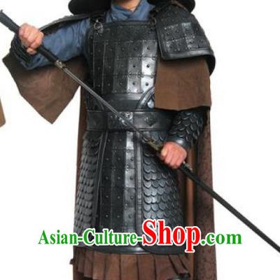 Traditional Chinese Han Dynasty Warrior Black Body Armor Outfits Ancient Film General Armour Costumes and Headwear Full Set