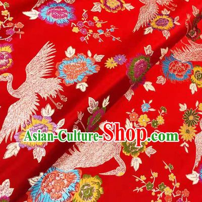 Asian Chinese Traditional Cranes Pattern Design Purplish Red Brocade Silk Fabric Tang Suit Tapestry Wedding Dress Satin Material