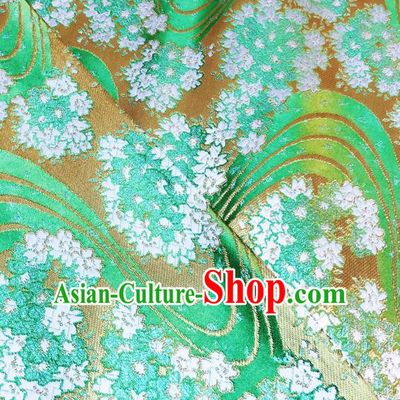 Japanese Traditional Sakura Pattern Design Green Nishijin Brocade Fabric Silk Material Traditional Asian Yamato Kimono Satin Tapestry