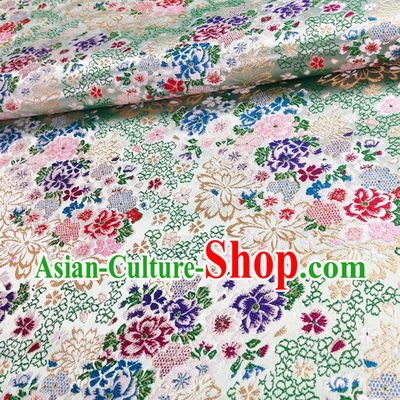 Japanese Traditional Sakura Peony Pattern Design Light Green Nishijin Brocade Fabric Silk Material Traditional Asian Japan Kimono Satin Tapestry
