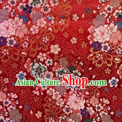 Japanese Traditional Sakura Peony Pattern Design Red Nishijin Brocade Fabric Silk Material Traditional Asian Japan Kimono Satin Tapestry