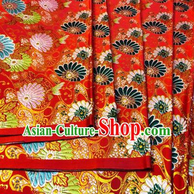 Japanese Traditional Daisy Pattern Design Red Nishijin Brocade Fabric Silk Material Traditional Asian Japan Kimono Satin Tapestry
