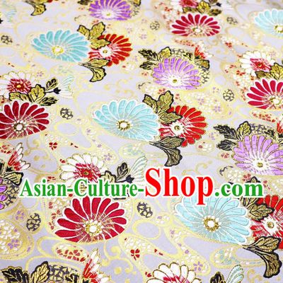 Japanese Traditional Daisy Pattern Design Beige Nishijin Brocade Fabric Silk Material Traditional Asian Japan Kimono Satin Tapestry
