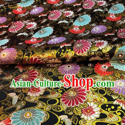 Japanese Traditional Daisy Pattern Design Black Nishijin Brocade Fabric Silk Material Traditional Asian Japan Kimono Satin Tapestry