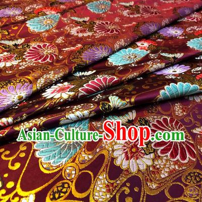 Japanese Traditional Daisy Pattern Design Amaranth Nishijin Brocade Fabric Silk Material Traditional Asian Japan Kimono Satin Tapestry