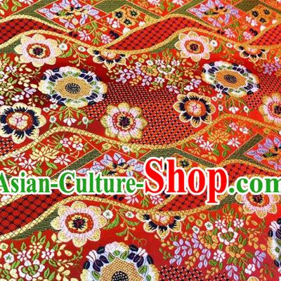 Japanese Traditional Flow Flowers Pattern Design Red Nishijin Brocade Fabric Silk Material Traditional Asian Japan Kimono Dress Satin Tapestry