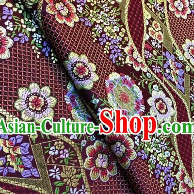 Japanese Traditional Flow Flowers Pattern Design Purplish Red Nishijin Brocade Fabric Silk Material Traditional Asian Japan Kimono Dress Satin Tapestry
