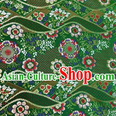Japanese Traditional Flow Flowers Pattern Design Green Nishijin Brocade Fabric Silk Material Traditional Asian Japan Kimono Dress Satin Tapestry