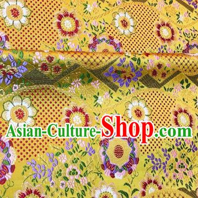 Japanese Traditional Flow Flowers Pattern Design Yellow Nishijin Brocade Fabric Silk Material Traditional Asian Japan Kimono Dress Satin Tapestry