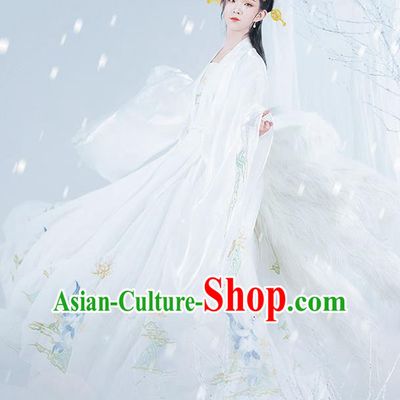 Chinese Ancient Noble Lady Hanfu Garment Costumes Tang Dynasty Royal Princess Cape Blouse Sun Top and Embroidered White Skirt Complete Set