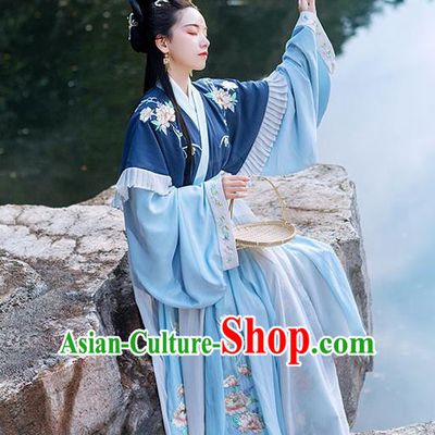 Chinese Ancient Princess Hanfu Garment Costumes Jin Dynasty Palace Lady Blue Half Sleeved Top Blouse and Skirt for Women