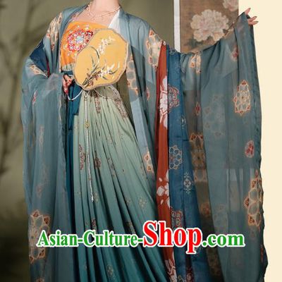 Chinese Ancient Imperial Concubine Hanfu Garment Court Lady Blue Cloak Blouse and Green Dress Tang Dynasty Costumes Full Set